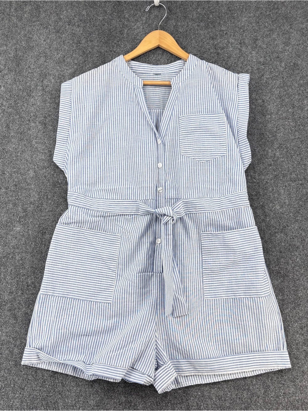 Blue & White Striped Coastal Preppy Shorts Romper Women’s XL Summer